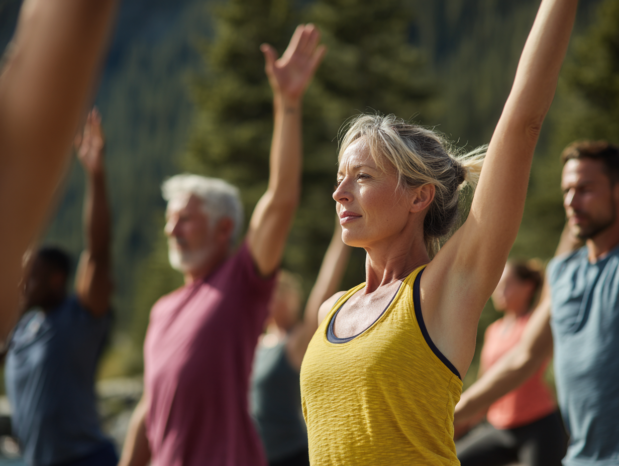 Група людей різного віку займається фітнесом на природі