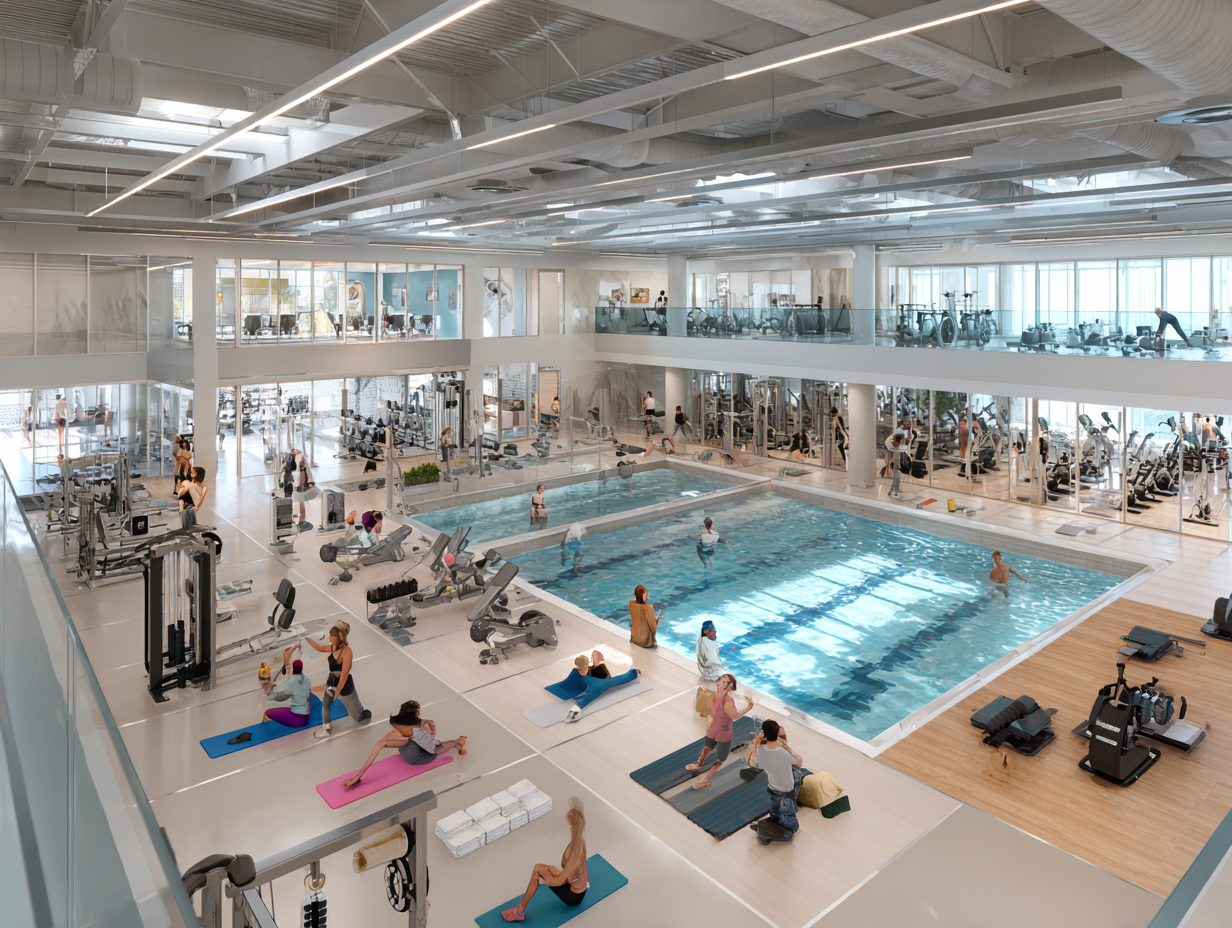 Комплексний фітнес-центр з різними зонами тренувань для людей різного віку